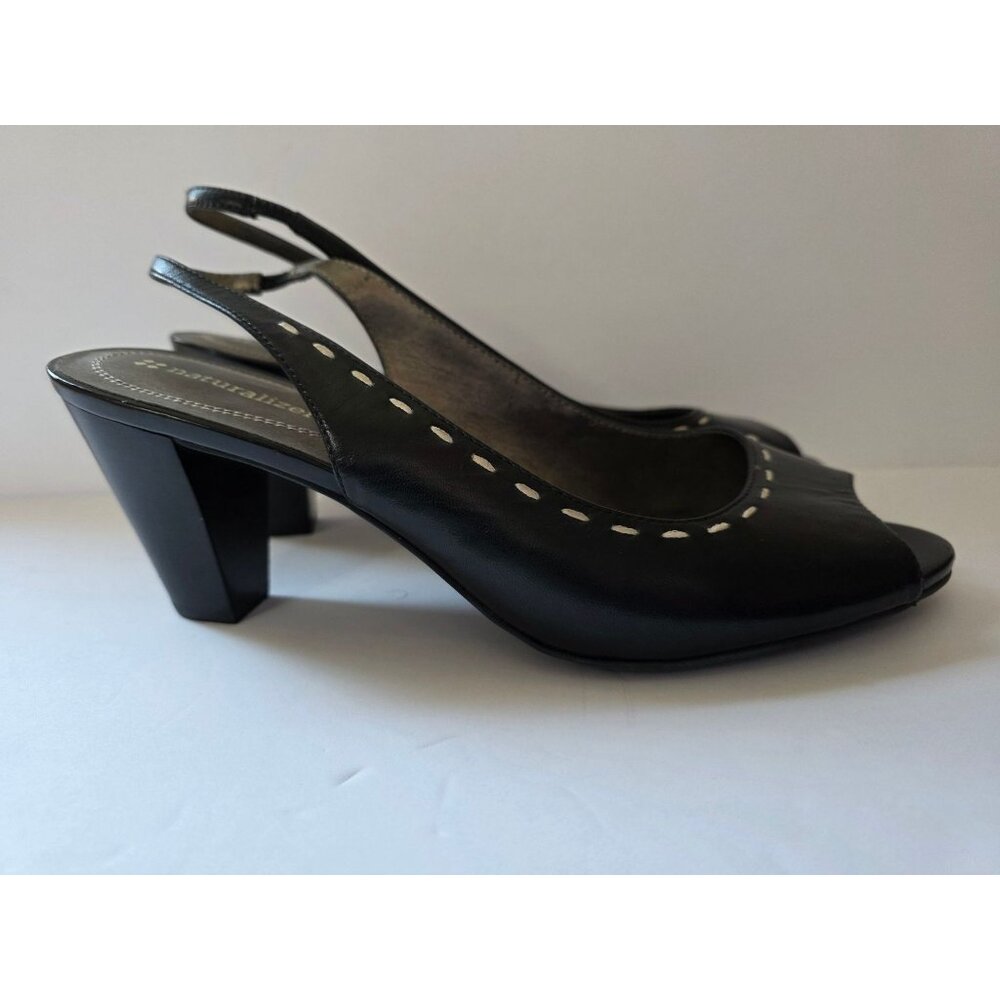 Naturalizer  Black Leather Peep Toe Slingback Heels Decorative Stitching 10